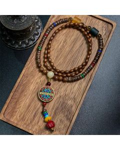 Buddha Stones Tibetan Handmade Coconut Shell Schima Wood Great Bright Mantra Copper Bead Balance Necklace Pendant - Schima Wood&Copper Bead