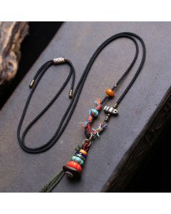 Buddha Stones Tibetan Mani Stone Heap Design LiuLi Bead Grounding Tassel Necklace - Approx. 6.5–16mm