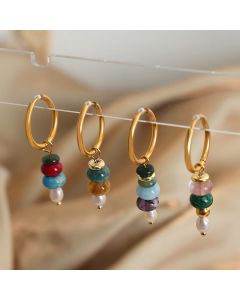 Buddha Stones Tibetan Marnyi Stone Design Natural Red Agate Pearl Confidence Titanium Steel Earrings - Green Natural Stone(Titanium Steel)