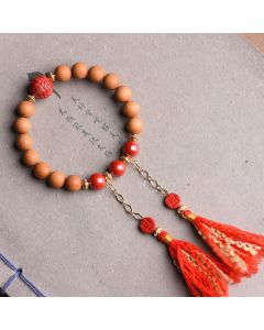Buddha Stones Tibetan Natural Peach Wood Cinnabar PiXiu Wealth Tassels Bracelet - Peach Wood(Without Tassels)