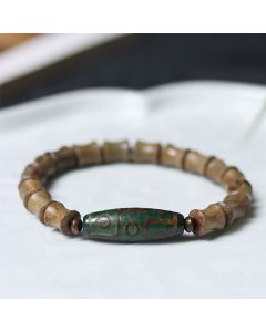 Buddha Stones Tibetan Nine-Eye Dzi Bead Green Sandalwood Peace Bracelet - Green Sandalwood(Wrist Circumference 14-16cm)