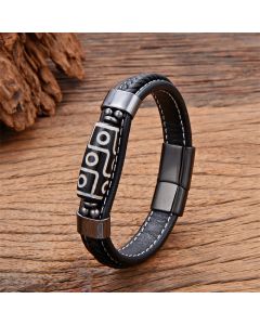 Buddha Stones Tibetan Nine-Eye Dzi Bead Wealth Leather Buckle Bracelet - Silver / 18-22cm