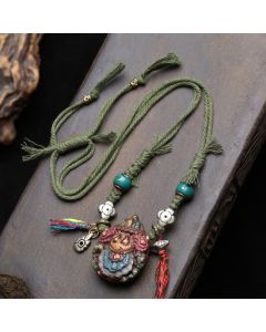 Buddha Stones Tibetan Painted Tsa-tsa Carved Tassel Grounding Pendant Necklace - Approx. 48.5 × 38.0 × 21.5mm