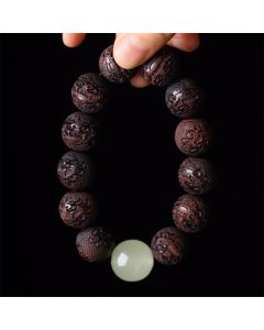 Buddha Stones Tibetan Rosewood Engraving PiXiu Warmth Bracelet - 20mm Rosewood(Wrist Circumference 15-17cm)