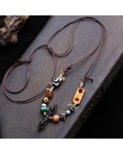 Buddha Stones Tibetan Three-Eye Dzi Bead Vajra Luck Necklace - Approx. 46 × 10 mm