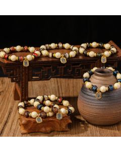 Buddha Stones Tibetan Zakiram Goddess of Wealth Charm Liuli Glass Incense Ash Porcelain Bead Protection Bracelet - Beige Porcelain / Multicolored Liuli Glass Bead