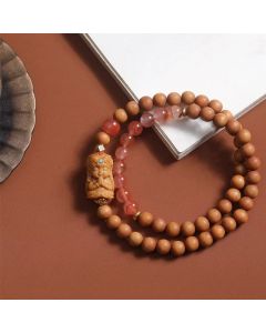 Buddha Stones Tibetan Zakiram Goddess Of  Wealth South Red Agate Sandalwood Fortune Bracelet - Sandalwood & South Red Agate(Wrist Circumference: 13-21cm)