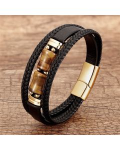 Buddha Stones Tiger Eye Bamboo Stone Integrity Courage Multi-layer Leather Bracelet - Yellow-Brown-Red Tiger Eye / 18-22cm