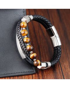 Buddha Stones Tiger Eye Bead Multi-layered Grounding Leather Buckle Bracelet - Tiger Eye(Wrist Circumference: 18-20cm)