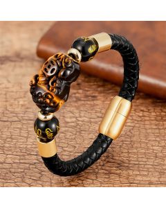 Buddha Stones Tiger Eye Black Onyx Red Agate PiXiu Copper Coin Om Mani Padme Hum Strength Leather Bracelet - Red Tiger Eye / 18-22cm