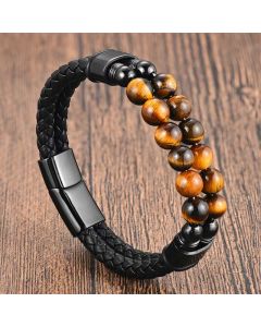 Buddha Stones Tiger Eye Double Wrap Braided Leather Protection Bracelet - Tiger Eye Leather(Wrist Circumference: 18-19cm)