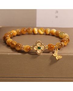 Buddha Stones Tiger Eye Four Leaf Clover Butterfly Protection Bracelet - Tiger Eye(Wrist Circumference 14-16cm)