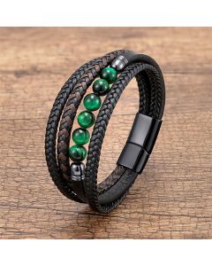 Buddha Stones Tiger Eye Lava Rock Black Onyx Lazurite Lapis Lazuli Hematite Bead Positive Leather Bracelet - Black Onyx / 18-22cm