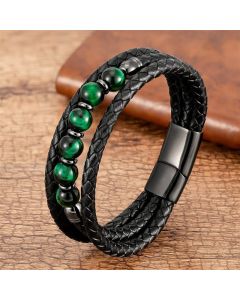 Buddha Stones Tiger Eye Lava Rock Hematite Black Onyx Bead Positive Leather Bracelet - Yellow Tiger Eye / 18-22cm