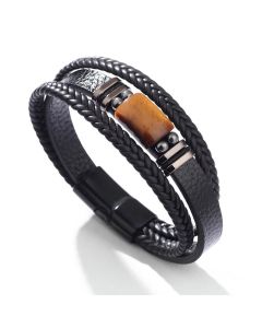Buddha Stones Tiger Eye Power Magnetic Buckle Multilayered Leather Bracelet - Two Tiger Eye Stone / 19-21cm