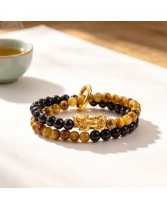 Buddha Stones Tiger Eye Silver Sheen Obsidian Pi Xiu Double Wrap Auspicioisness Bracelet - Yellow Tiger Eye Golden Pi Xiu