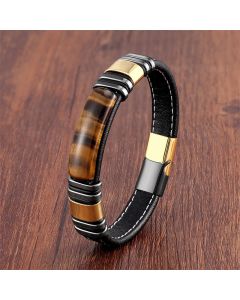 Buddha Stones Tiger Eye Stone Clear Thinking Leather Buckle Bracelet - Tiger Eye-Black / 18-22cm