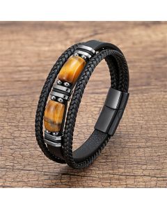 Buddha Stones Tiger Eye Stone Courage Willpower Multi-layer Leather Bracelet - Black-Yellow Tiger Eye / 18-22cm