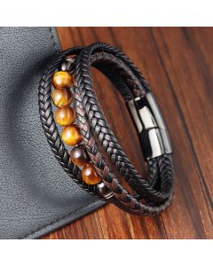 Buddha Stones Tiger Eye Stone Protection Leather Bracelet - Tiger Eye(Wrist Circumference: 18-20cm)
