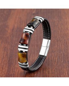 Buddha Stones Tiger Eye Three Bamboo Stone Protection Power Leather Bracelet - Yellow-Brown-Red-Black Tiger Eye-Black / 21-22cm