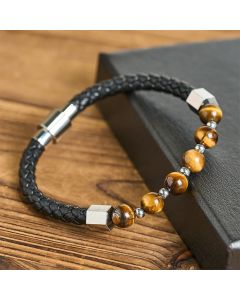 Buddha Stones Tiger Eye Titanium Steel Courage Balance Leather Bracelet - Tiger Eye(Wrist Circumference: 18-19cm)