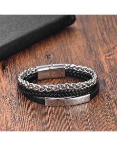 Buddha Stones Titanium Steel Balance Calm Leather Woven Bracelet - Black(Wrist Circumference: 18-19cm)