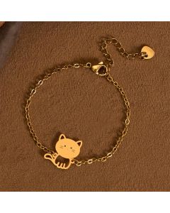 Buddha Stones Titanium Steel Minimalist Cat Charm Protection Chain Bracelet - Gold (Wrist Circumference: 14-17cm)