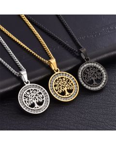 Buddha Stones Titanium Steel Tree of Life Connection Round Pendant Necklace - Silver