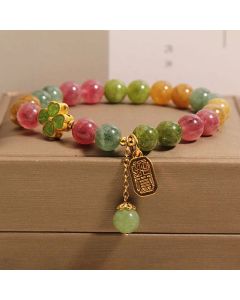 Buddha Stones Tourmaline Jade Colorful Four-leaf Clover Positive Bracelet - Tourmaline Jade(Wrist Circumference 14-18cm)