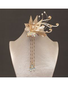 Buddha Stones Traditional Chinese Golden Leaf Flower Tassel Hair Clip - Metal Hair Clip