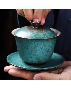 Buddha Stones Traditional Pine Tree Green Ceramic Gaiwan Sancai Teacup Kung Fu Tea Cup And Saucer With Lid - 10.4cm*9cm*100ml