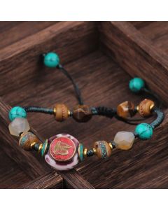 Buddha Stones Turquoise Amber Tibet Braided Rope Love Bracelet - Round Turquoise Black White Rope(Wrist Circumference:15-21cm)