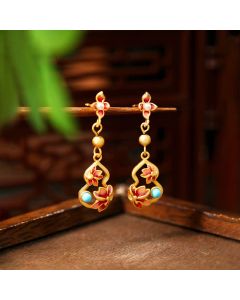 Buddha Stones Turquoise Cloisonné Lotus Gourd Accent Enlightenment Drop Earrings - Lotus(Enlightenment ♥ New Beginnings) / Copper(Harmonic Connection ♥ Grounding)