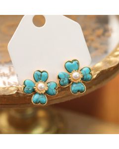 Buddha Stones Turquoise Love Heart Flower Copper Healing Stud Earrings - Turquoise(Synthetic)(925 Sterling Silver Posts)