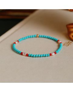 Buddha Stones Turquoise Red Agate Pearl Small Beaded Protection Bracelet - One Pearl&Turquoise(Wrist Circumference 14-16cm)