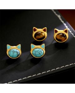 Buddha Stones Turquoise Tiger Eye Cat Head Design Copper Protection Stud Earrings - Tiger Eye(925 Sterling Silver Posts)