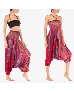 Buddha Stones Two Style Wear Feathers Geometric Pattern Loose Smocked Trousers Jumpsuit Women's Yoga Pants - Blue Purple Peacock / US2-12，UK/AU6-16，EU34-44 (F)