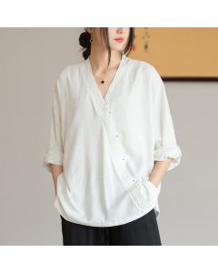 Buddha Stones V-Neck Blouse Women Shirt Long Sleeve Top Chinese Hanfu Style Clothing - White(Bust 128cm)(Top Only)