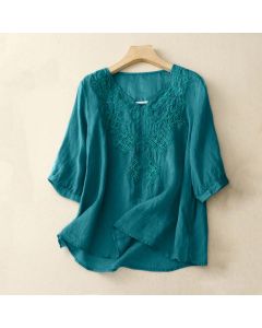 Buddha Stones V-Neck Lines Embroidery Women's Half Sleeve Shirt - White / Lightweight Fabric