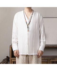 Buddha Stones V-Neck Men's Linen Long Sleeve Shirt Zen Clothing - Linen / US/UK/AU44，EU54 (4XL)