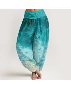Buddha Stones Cotton Vast Ocean Pattern Women's Elastic Waist Harem Pants - LightSeaGreen / US22，UK/AU26，EU54 (6XL)