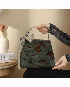 Buddha Stones Velvet Jacquard Metal Chain Crossbody Bag Handbags - Black 21*10*17.5cm