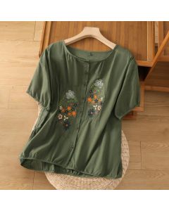 Buddha Stones Vintage Asymmetrical Embroidery Flower Plant Pattern Women's Cotton Linen Short Sleeve Jacket Shirt - DarkGreen / US6，UK/AU10，EU38 (M)