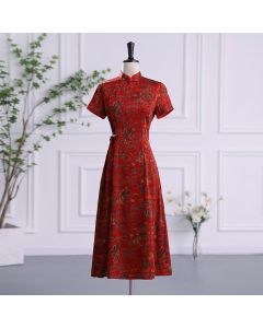 Buddha Stones Vintage Auspicious Clouds Leaf Print Cheongsam Dress Women's Qipao Dress - Red Auspicious Clouds / US4，UK/AU8，EU36 (L)