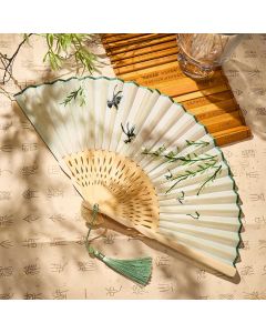 Buddha Stones Vintage Bamboo Orchid Willows Swallows Floral Pattern Growth Tassel Bamboo Folding Fan - Willows Swallows(Closed Size: Approx. 21 cm / 8.3 in)