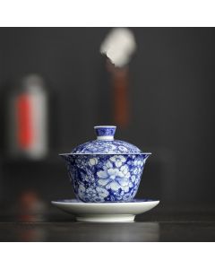 Buddha Stones Vintage Blue And White Porcelain Ceramic Gaiwan Sancai Teacup Kung Fu Tea Cup And Saucer With Lid - 11.6cm*9.8cm*150ml