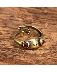 Buddha Stones Vintage Brass Feng Shui Frog Wealth Open Ring - Red Eyes