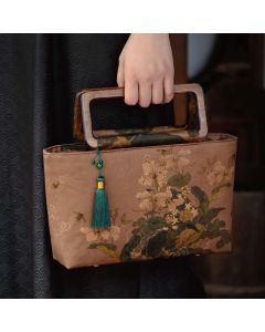 Buddha Stones Vintage Brown Flowers Green Bamboo Leaves Wood Handles Zipper Handbag - Black Bamboo Leaves 18*27*9cm