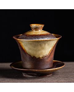 Buddha Stones Vintage Brown Kiln Change Design Porcelain Ceramic Gaiwan Sancai Teacup Kung Fu Tea Cup And Saucer With Lid - 10cm*10.5cm*230ml