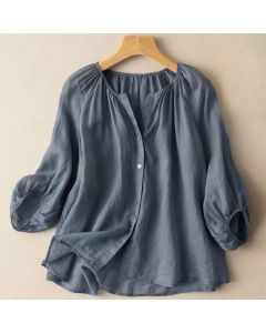 Buddha Stones Vintage Button Three Quarter Puff Sleeve V-Neck Women's Shirt - PaleGoldenrod / US14，UK/AU18，EU46 (4XL)